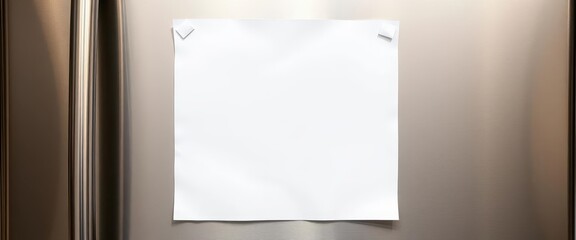 Blank white paper sheet adhered to a stainless steel refrigerator door, photograph, domestic, template