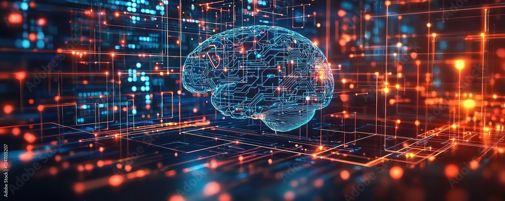 Poster Artificial intelligence data circuit in cyberspace computing concept. Digital representation of a brain in a virtual landscape.