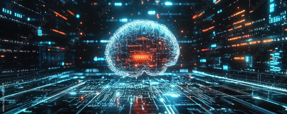 Poster Artificial intelligence data circuit in cyberspace computing concept. Futuristic digital brain with glowing data connections