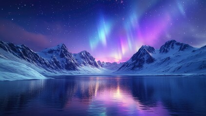 Majestic aurora borealis over a frozen lake and snow-capped mountains