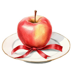 Watercolor big Fresh red apple with red ribbon on plate Front View. Traditional Persian New Year Hyacinth, isolated on a white background. Nowruz vector design set