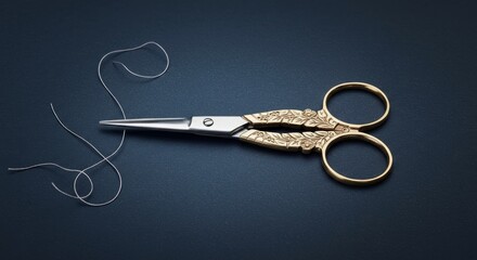 Antique Scissors And Silver Thread On Dark Blue Background