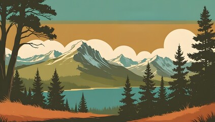 scenic nature landscape with mountains and trees in vintage travel poster for use in promotional materials, tourism campaigns, and retro themed decor