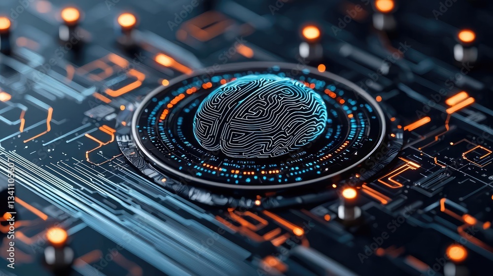 Poster Artificial intelligence database and future computing concept. Futuristic digital brain circuit design on a technology background.