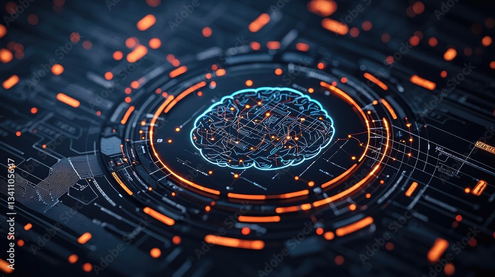 Poster Artificial intelligence database and future computing concept. Futuristic digital brain on a circuit board background.