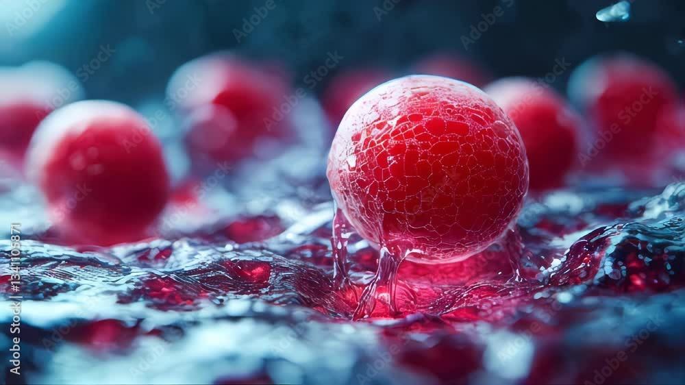 Poster a red organic cell-like structure floating in a dynamic liquid environment, surrounded by tiny parti