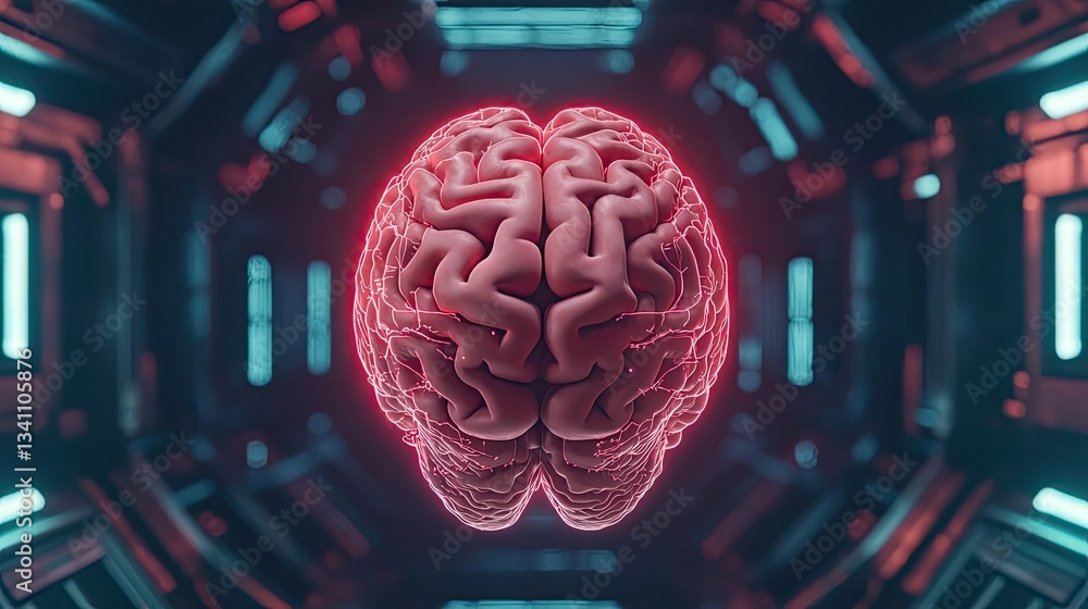 Aufkleber Artificial intelligence database in cyberspace circuit concept. A futuristic depiction of a glowing human brain in a tech space.