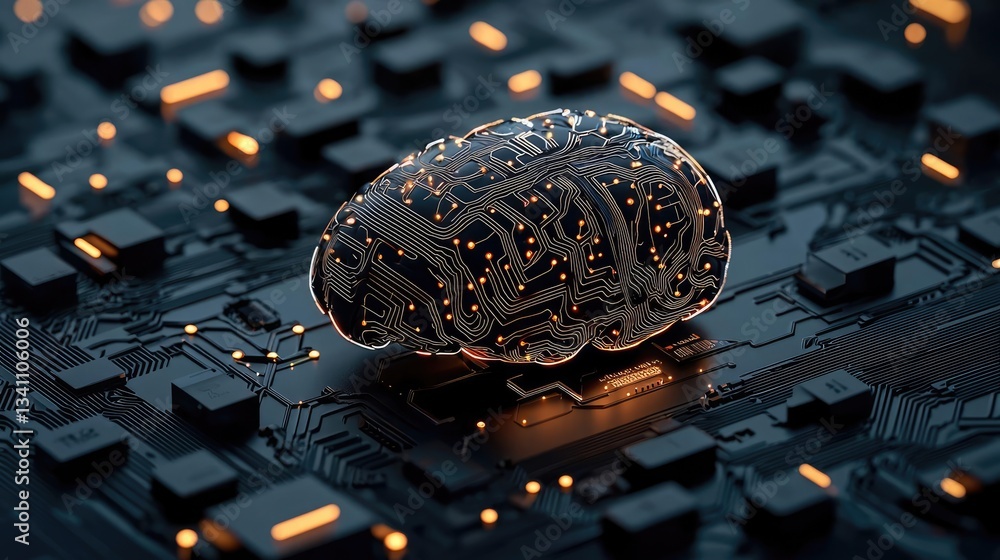 Poster Artificial intelligence database and future computing concept. Futuristic brain model on a digital circuit board background.