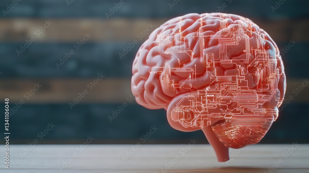 Poster Artificial intelligence database in cyberspace circuit concept. A futuristic brain model with technological elements.