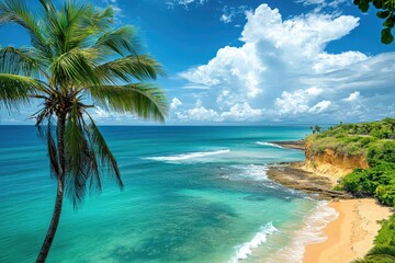 Tropical beach paradise with turquoise water and palm trees.  Overlooking a pristine coastal area with white sand and gentle waves. Lush green hills and a vibrant blue sky