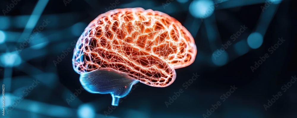 Poster Artificial intelligence database in cyberspace circuit concept. A vibrant and illuminated model of a human brain.