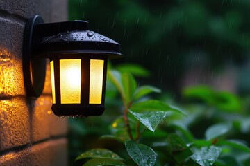 Warm light of a wall lantern in the rain