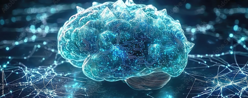 Poster Artificial intelligence database and future computing concept. A futuristic digital brain symbolizing advanced technology.