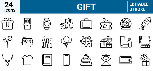 Gift web line icon set. Surprise, gift, donate, award, celebrate, car, book. Vector outline icons set.