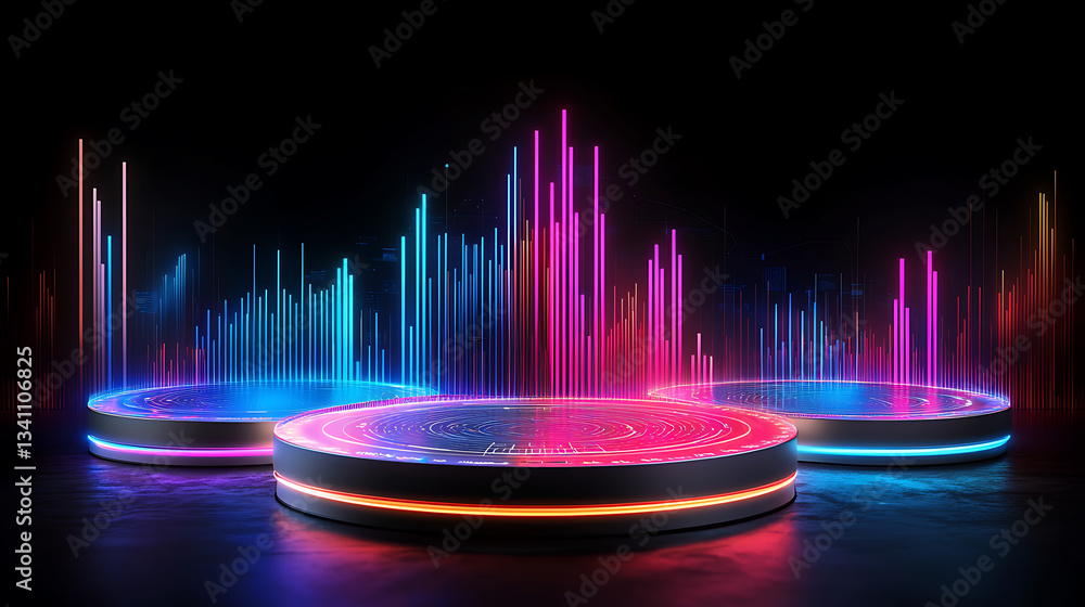 Poster dynamic audio visual performance studio digital art dark environment wide angle vibrant light patter