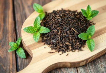 Loose leaf tea blend with fresh mint sprig arranged on rustic wooden palette , tea, beverage