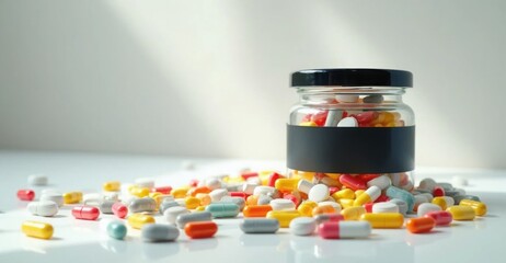 Colorful capsules spread around a small jar filled with various pills on a clean surface in a bright setting