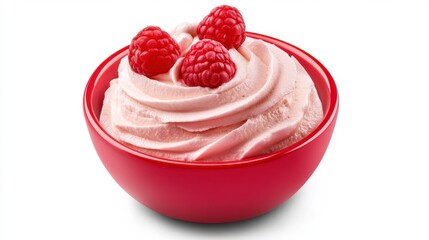 Raspberry mousse with tangy raspberries, whipped cream, and a smooth texture, presented in a red bowl, creamy and refreshing Hyper-quality professionnal photography, ultra detailed, high resolution