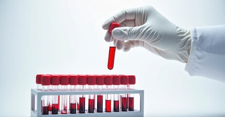 Laboratory technician handling blood sample in test tubes during health analysis on white background with free space for text