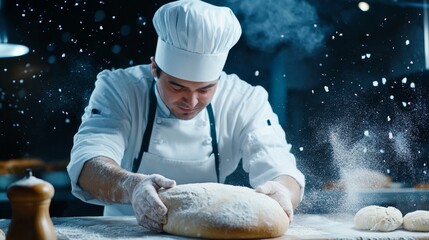 Artisan Baker Shaping Fresh Bread Dough - A skilled baker carefully shapes a loaf of bread dough, flour dusts the air, symbolizing craftsmanship, culinary skill, baking tradition, food artistry