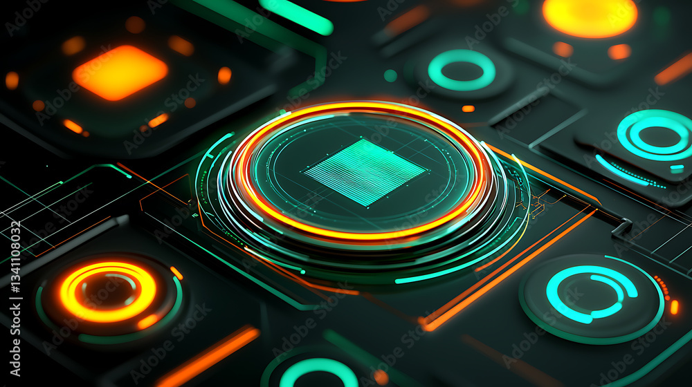 Poster dynamic digital interface design virtual workspace graphic art high-tech environment close-up view m
