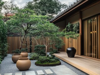 A tranquil and natural Japanese garden scene with plants
