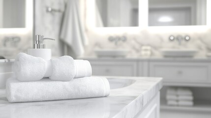 White Bath Towels and Soap Dispenser on Marble Countertop