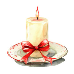 A Watercolor white Candle with red ribbon on a white plate Front View. Traditional Persian New Year Hyacinth, isolated on a white background. Nowruz vector design set