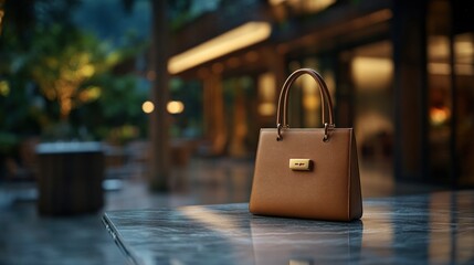 Brown handbag on marble table outdoors