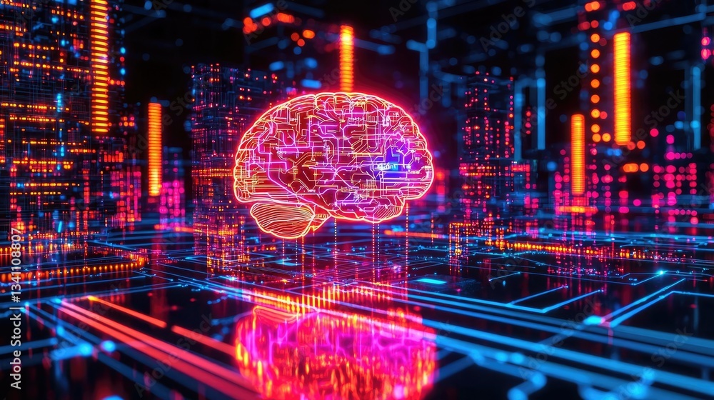 Aufkleber Artificial intelligence data circuit in cyberspace computing concept. Futuristic digital brain in a neon cityscape environment.