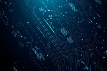 Abstract close-up of a glowing blue digital circuit board, showcasing intricate connections and technological design on a black background.
