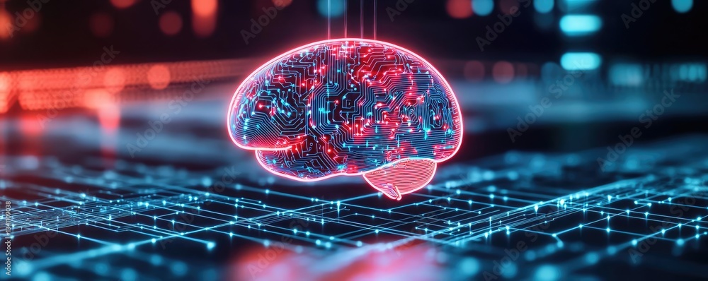 Poster Artificial intelligence database in cyberspace circuit concept. Futuristic digital brain with glowing neural connections.