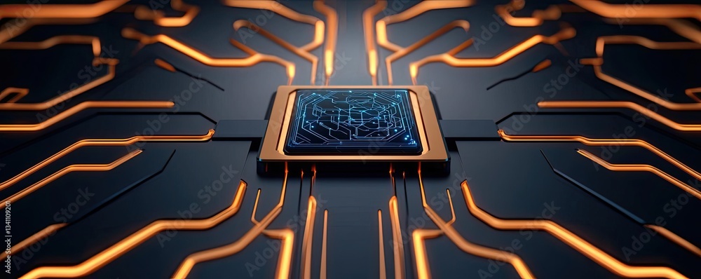 Poster Artificial intelligence database in cyberspace circuit concept. High-tech circuit board featuring a central processing unit.