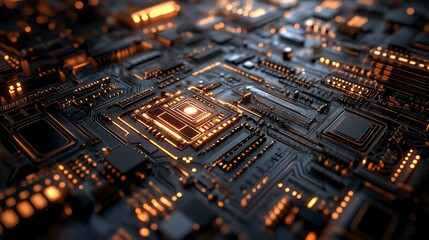 Obraz premium A close-up view of a circuit board with glowing elements, showcasing technology's intricacies.