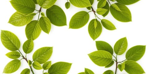 Fototapeta premium Vibrant green citrus leaves, fresh and bright, isolated on pure white backdrop, citrus, fresh, background