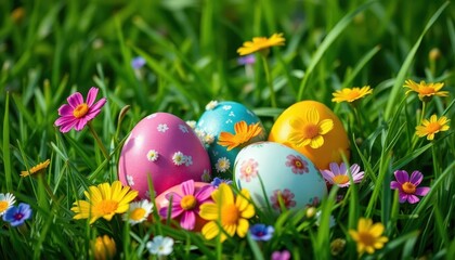 Vibrant Easter eggs adorned with fresh flowers nestled in lush green grass, decoration, easter basket