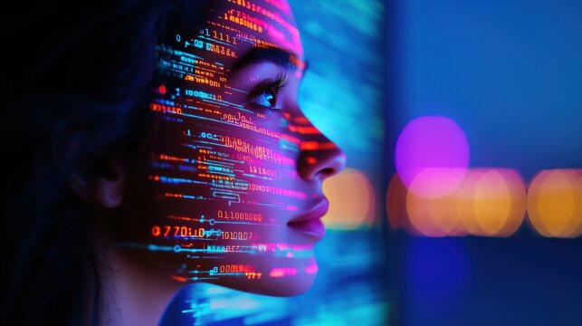 Digital woman, code on face