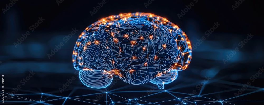 Poster Artificial intelligence database and future computing concept. Futuristic representation of a neural network in a brain.