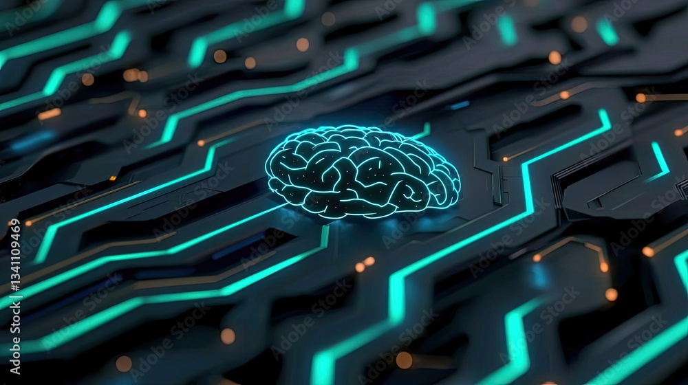 Poster Artificial intelligence database and future computing concept. Futuristic brain design over a circuit pattern in blue light.