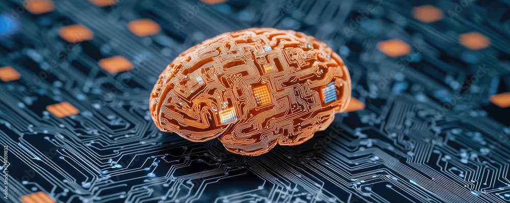 Poster Artificial intelligence database and future computing concept. Conceptual image of a brain integrated with digital circuits.