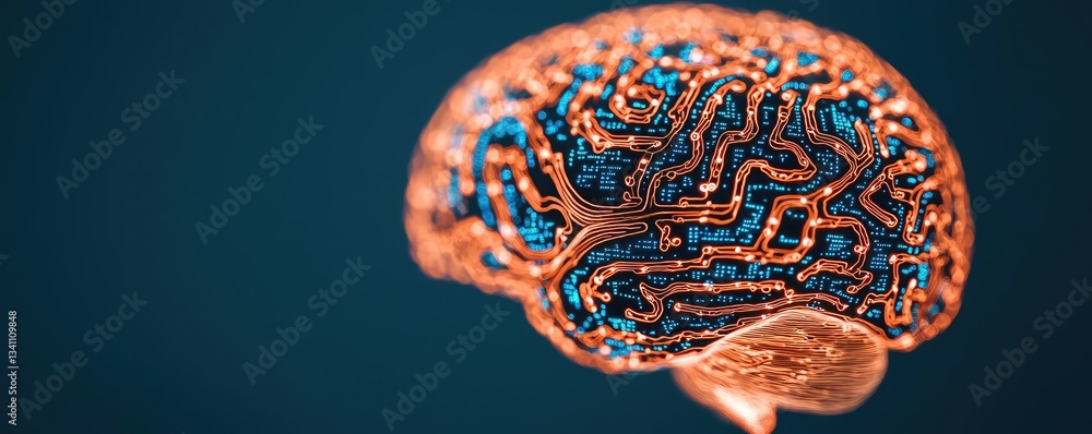 Fototapete Artificial intelligence database and future computing concept. Detailed close-up of a human brain with intricate patterns.