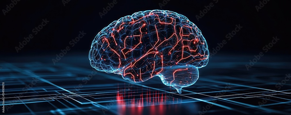 Poster Artificial intelligence database in cyberspace circuit concept. Illustration of a digital brain with red neural pathways.