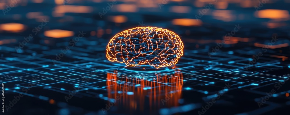 Aufkleber Artificial intelligence database in cyberspace circuit concept. A digital representation of a brain with glowing neural circuits.