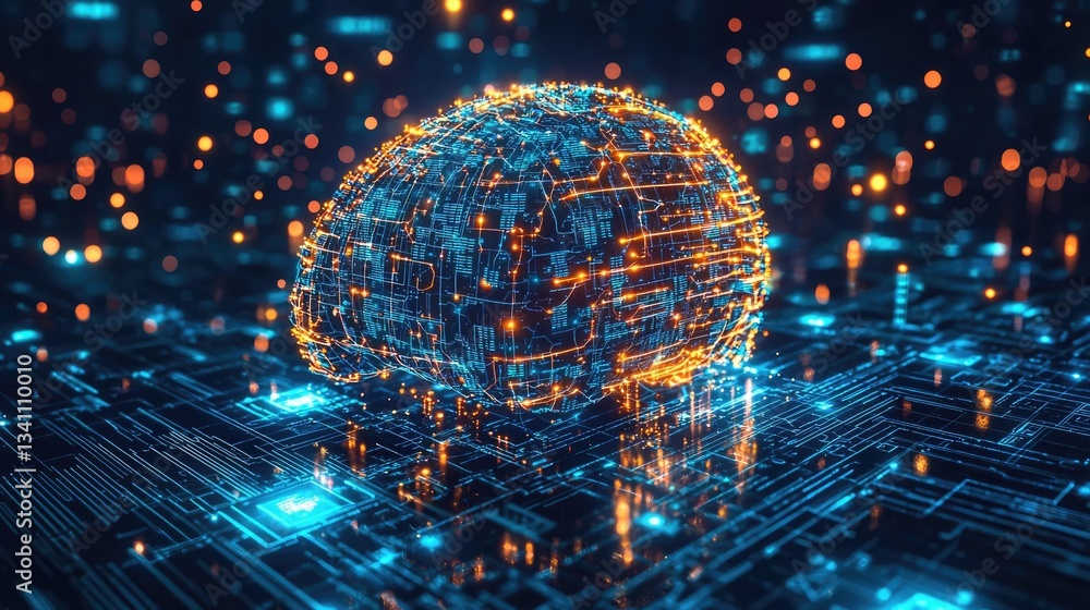 Aufkleber Artificial intelligence data circuit in cyberspace computing concept. Digital brain concept with glowing circuits and vibrant lights.