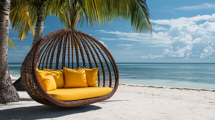 Wicker hanging chair with yellow cushions on a tropical beach, showcasing relaxation and tranquil seaside escape