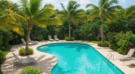Fototapeta premium Relaxing at Swimming Pool with Palm Trees in Tropical Paradise