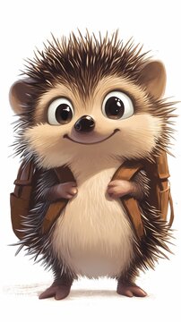 Cute hedgehog with a backpack going back to school on white background