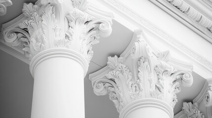 Classic white columns and ornate capitals. Architectural detail.  Possible use Stock photo for architecture, design, history