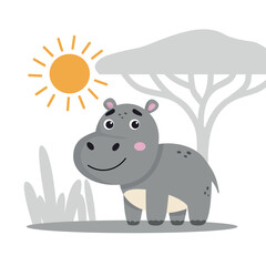 Cartoon Hippo Greeting Card with Sun and Savanna Tree