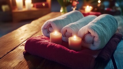 Romantic couple's massage spa treatment awaits with soft towels neatly arranged on wooden table next to flicke candles creating a serene and relaxing atmosphere perfect for